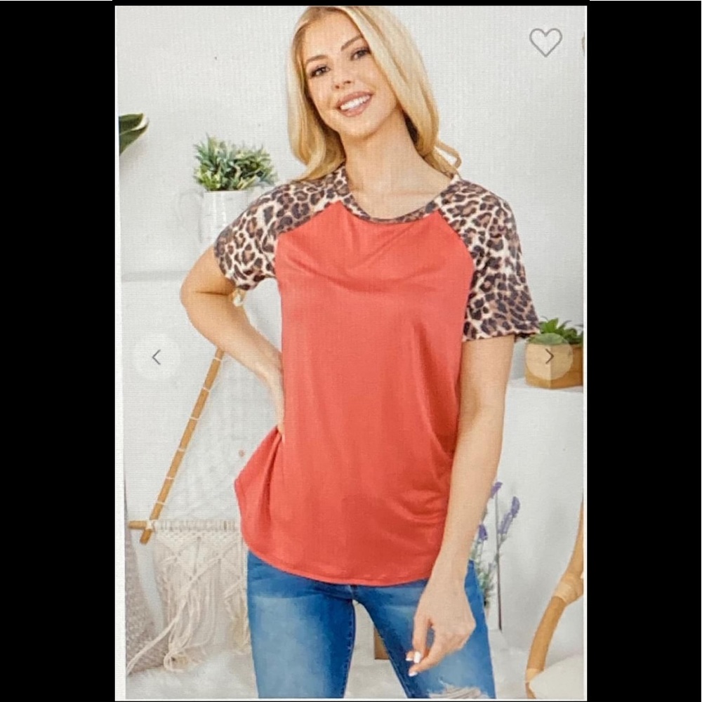 Leopard sleeve and neckband solid rib top